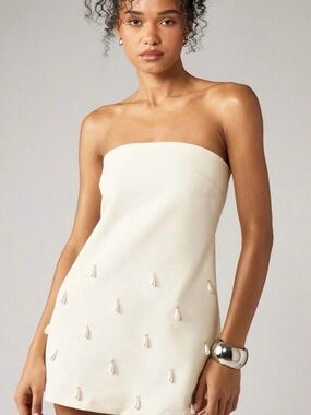 Strapless Tassel Mini Dress in Cream